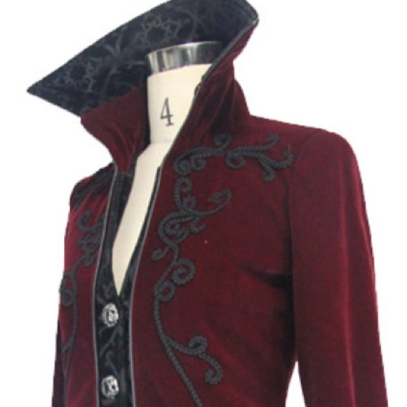 Devil Fashion Romantic Red Velvet Victorian Embroidered Steampunk Goth Jacket - Picture 4 of 9